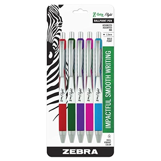 Zebra Pen Z-Grip Flight Retractable Ballpoint Pen, Assorted, 1.2mm, 5-Pack
