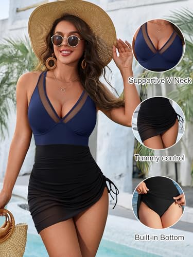 Image of Blooming Jelly Women One Piece Swim Dress Tummy Control Swimsuits Slimming Mesh Sheer Sarong Wraps Bathing Suit
