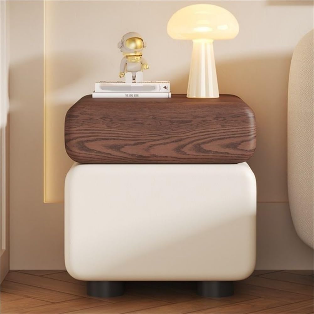 Wood Bedside Table with Two Drawers, Leather Wrapped Hidden Pull Design, Modern Storage Side Cabinet for Bedroom and Living Room Spaces(Brown White,48cm/18.9in)