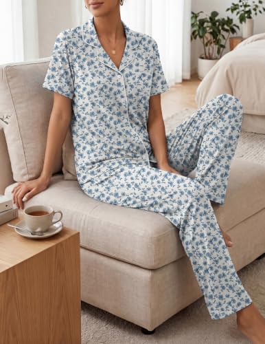 Image of Womens Pajamas Sets 2 Piece Button Up Pj Sets Short Sleeve with Long Pant