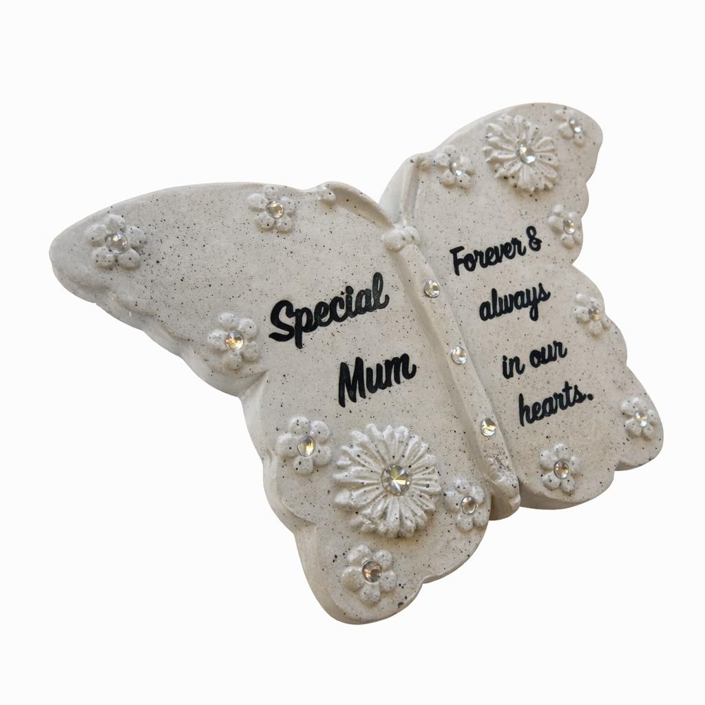 Quickdraw Supplies Special Mum Butterfly Memorial Stone 15cm Grave Tribute Ornament Stone Effect Garden Remembrance Plaque for Graveside Headstone Flower Bed Sympathy Keepsake Gift