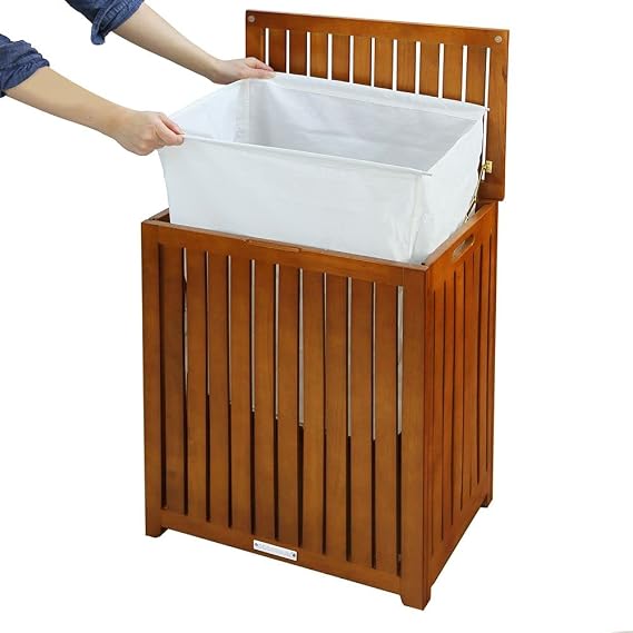 Oceanstar Solid Wood Spa Hamper, with Removable liner bag, Brown