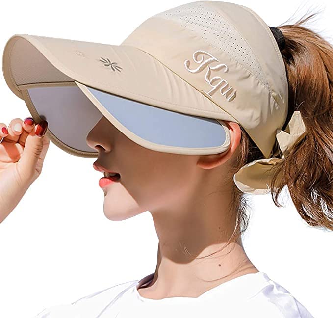 HINGTAT Sombrero de visera para mujer, de ala ancha, para golf, protección solar, para playa, jardín, tenis, correr, sombrero de parasol, beige, Talla única