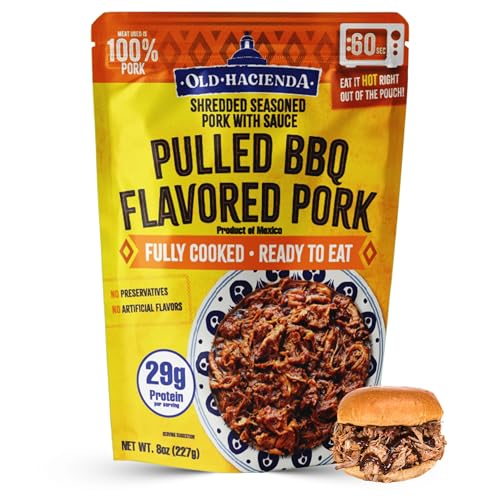 Old Hacienda Pulled BBQ Flavored Pork | 100% Shredded Seasoned Pork with Sauce | Fully Cooked & Ready to Eat | 29g Protein | No Preservatives or Artificial Flavors | BPA Free Pouch | Pack of 1-8oz