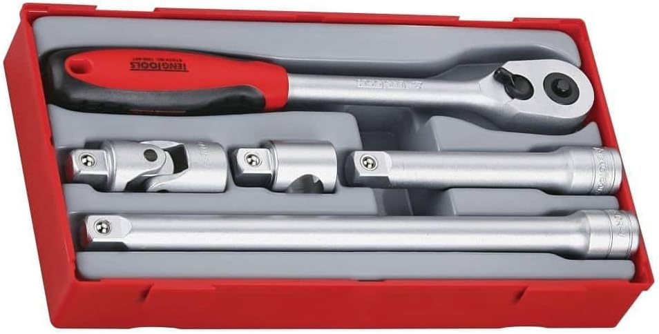 Teng Tools 5 Piece 1/2 Drive Ratchet & Accessories Set Tool Tray With 72 Teeth Ratchet - TT1205, Silver