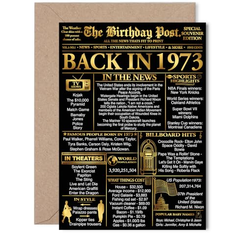 Stuff4 Gold 53rd Birthday Card for Men Women - Black & Golden Newspaper Back in 1973 - Happy 53 Birthday Cards for Grandma Cousin Brother Aunt Mom Husband, 5x7 Inch Bday Greeting Cards