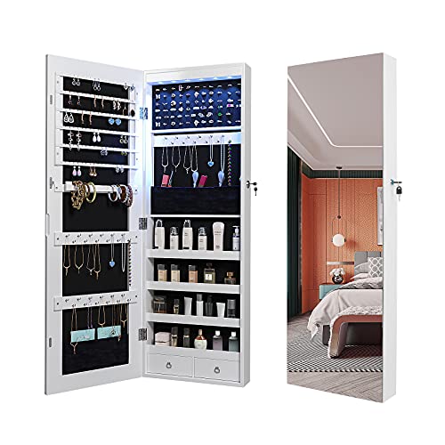 HNEBC Wall Mounted Jewelry Organizer with 6 LED Lights, Jewelry Armoire with Mirror, Full Length Mirror Jewelry Cabinet, Mirror with Jewelry Storage, Wall Mounted Door Mounted Jewelry Armoires (white)