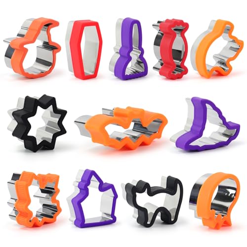 12PC Halloween Cookie Cutters with Protective Covers, Stainless Steel Bread Cutters Biscuit Cutters Sandwich Cutters with Spiderweb, Coffin, Candy, Witch Hat, Pumpkin, Bat Shaped Mold