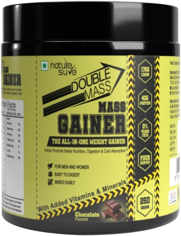 Nature SureDouble Mass Chocolate Flavored Mass Gainer with Whey Protein and Enzymes, Free Scoop Inside - 1 Pack (250 Grams)