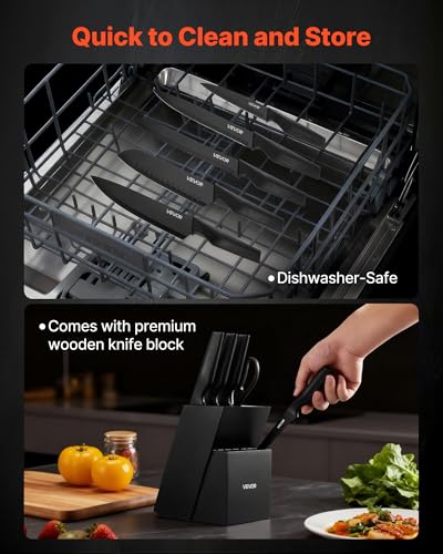 Image of VEVOR Kitchen Knife Set with Block and Sharpener, 15 Piece German High Carbon Stainless Steel Knife Set, Kitchen Cutlery with PP Ergonomic Handle, Sharpening Rod and Wooden Block, for Home Cooks