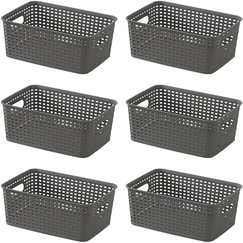 6-Pack Plastic Storage Baskets Set of Stackable Weave Baskets Sturdy Storage Containers with Handle for Shelves, Desktops, Cabinets, Bedrooms, Office (Gray - 6 Pack)