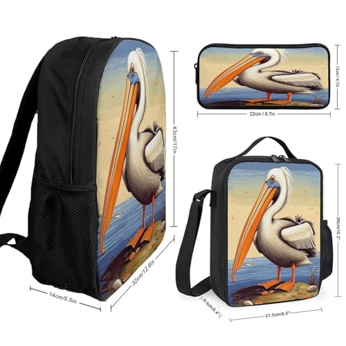 Printed Backpack With Lunch Pack Storage Box Case Pelican Birds 3pcs Lightweight Travel Backpack2