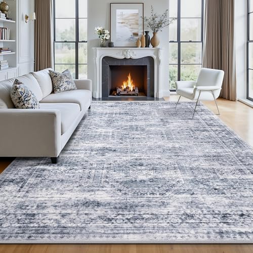 Suconsun 8x10 Area Rug Washable for Living Room - Vintage Non Slip Large Rug for Open Floor Plans, Soft Faux Wool Carpet for King Bedroom Dining Room, Pet Friendly Home Decor