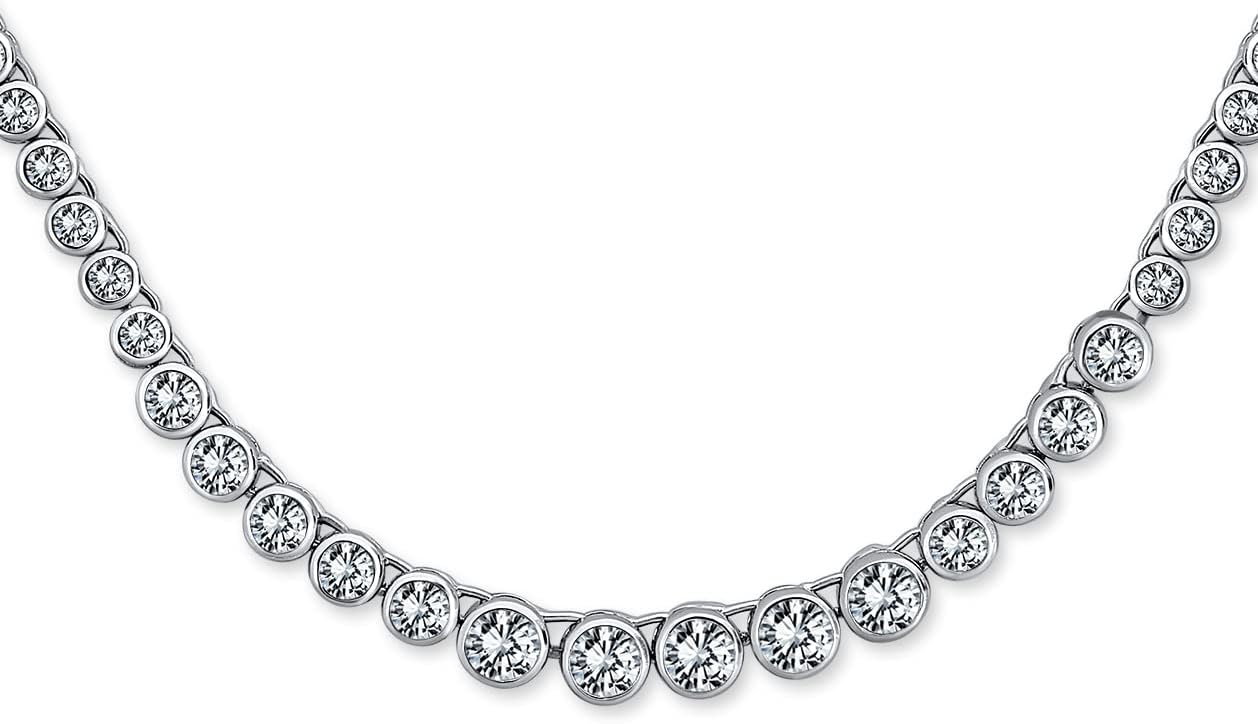 Bling Jewelry Classic Traditional Bridal Cubic Zirconia Graduated AAA CZ Circle Round Bezel Set Statement Tennis Necklace Collar For Women Wedding Prom Silver Plated