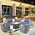 ovios 11 Piece Outdoor Patio Furniture Set with Fire Pit Table,Conversation Sectional Wicker Couch with Swivel Chairs,Modern Outside Sofa for Balcony Backyard (Blue)