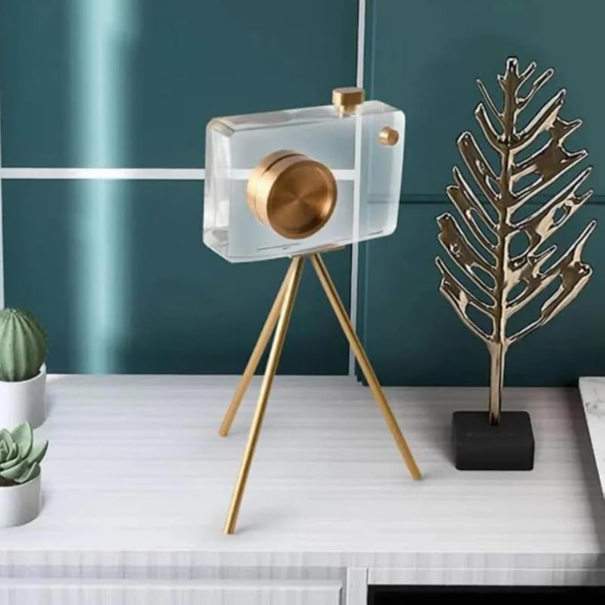 Crystal Camera Showpiece with Brass Accents