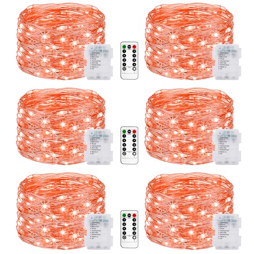 litogo 6 Stück Halloween Lichterkette Batterie, 5M 50 LED Lichterketten Batterie mit Timer & Fernbedienung, 8 Modi Wasserdicht Halloween Deko für Innen Außen Weihnachten Garten Party Hochzeit, Orange