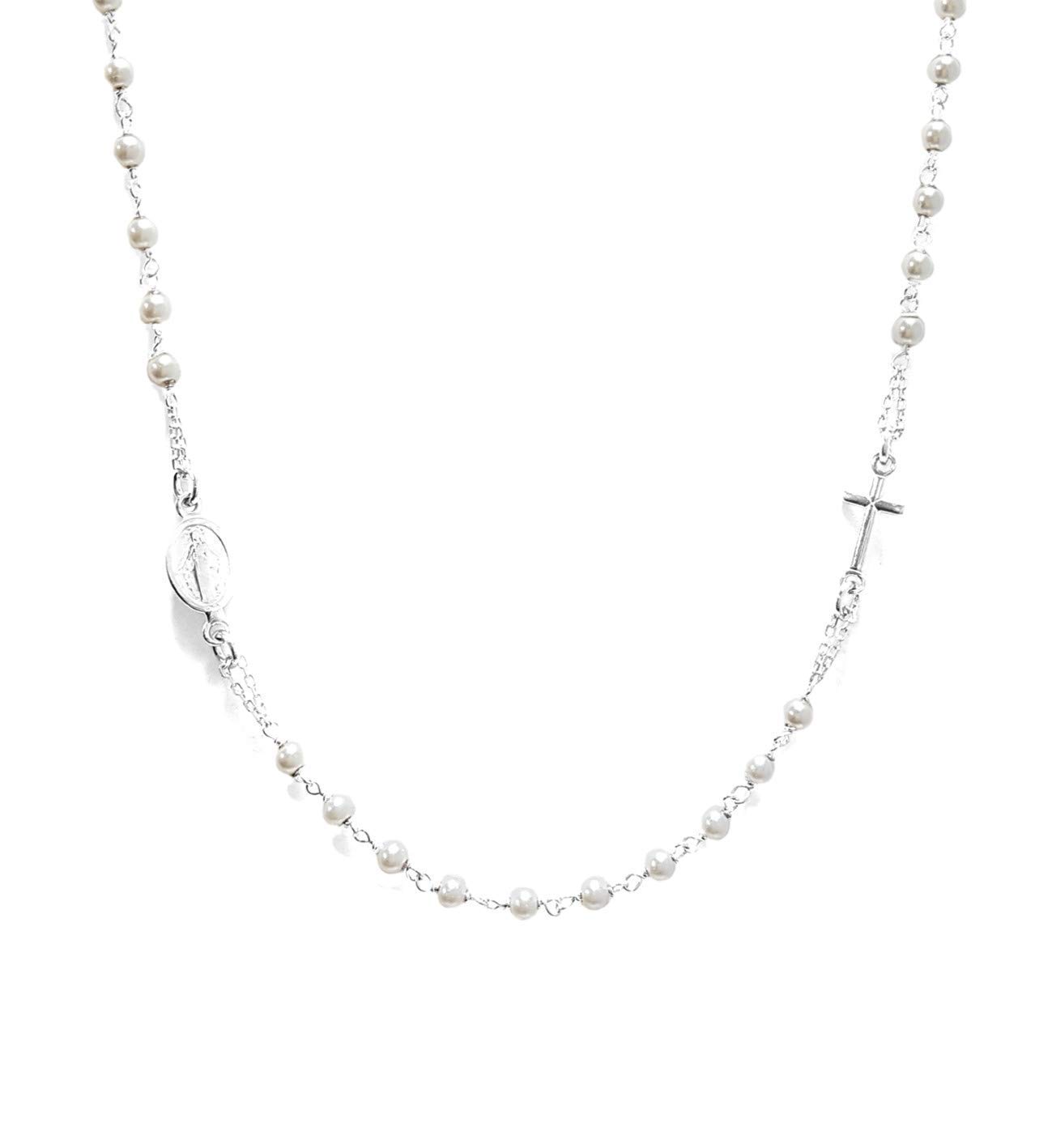Linea Italia Gioielli - Collana Rosario Girocollo in Argento 925 con Perline Bianche, Croce e Medaglietta Madonna - Made In Italy