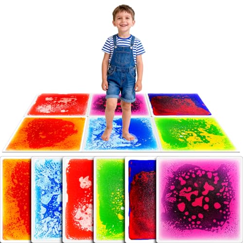 Toddler Sensory Liquid Floor Mats - 6-Piece Liquid Play Mat Pack 12 x 12 Square Sensory Puzzle Mats for Autism Lava Brick Dance Step Mats Montessori Gross Motion Toys for Preschool Classrooms