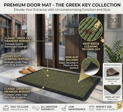 Image of Heavy Duty Front Door Mat 60 x 90 cm, Outdoor Indoor Welcome Mat, Non Slip Dirt Trapper Entrance Rug for Entryway, Patio & Porch,Washable Low Profile (Mehendi 2 x 3 Feet)