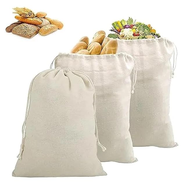 3 worki na chleb, lniane worki na chleb, 30 x 40 cm, wielokrotnego użytku, ze ściągaczem, niewybielane, 100% len, do przechowywania chleba, kuchni, piekarni, bułek, bagietek, owoców, warzyw