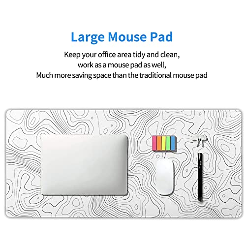 Image of Topographic Map Large Mouse Pad XXL White Lines Contour Geographic Extended Desk Mat Big 90X40 CM Non-Slip Rubber Base Stitched Edge Long Mousepad,35.4 x 15.7 Inch