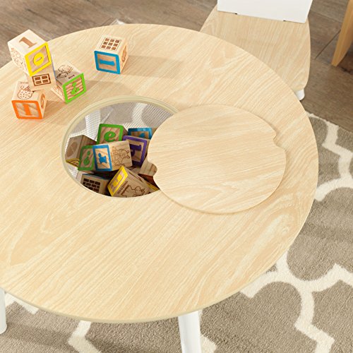 KidKraft Wooden Round Table & 2 Chair Set with Center Mesh Storage - Natural & White, Gift for Ages 3-6