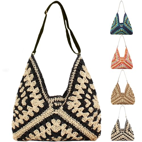 Adjustable Shoulder Strap Straw Beach Handbag,Striped Weave Beach Shoulder Bag, Vacation Summer Bags for Women
