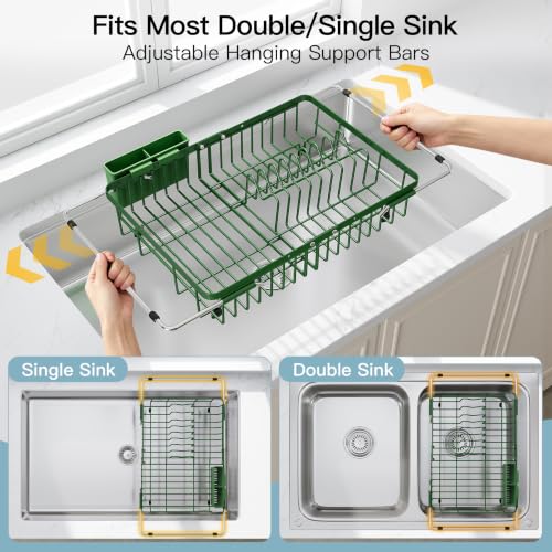 Image of JASIWAY Green Dish Drying Rack Over the Sink with Utensil Holder