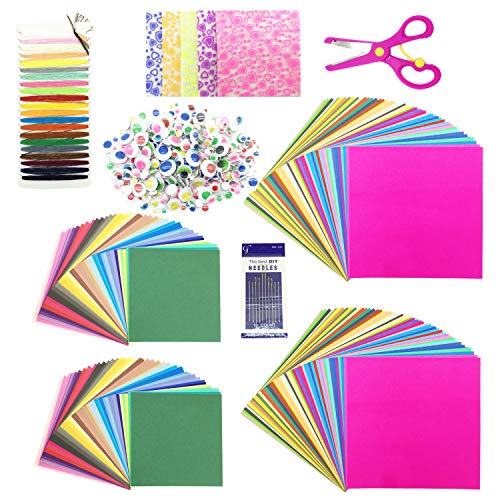 Wartoon Papel Plegado de Origami de 250 Piezas, Papel de Origami de 200 Hojas y 50 Hojas Luminosas de una Cara con Ojos saltones Oscuros Tijeras Aguja