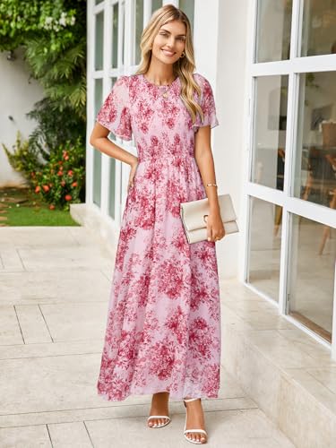 Image of Simplee Womens Casual Floral Summer Maxi Dress 2026 Boho Flowy Short Sleeve Crew Neck Vacation Smocked Chiffon Dresses