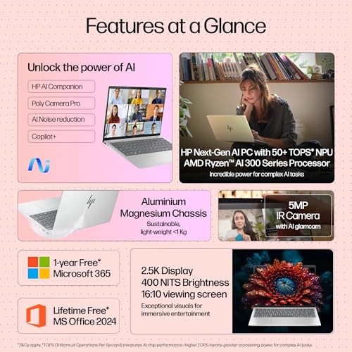 Image of HP OmniBook 7 Aero (Previously Pavilion Plus), AMD Ryzen AI 7 350, Next Gen AI Laptop, 50 Tops (16GB LPDDR5X,512GB SSD) WQXGA,13.3'' /33.8cm,Win11, M365 Basic(1yr),Office Home24, Silver,<1kg, bg1456AU