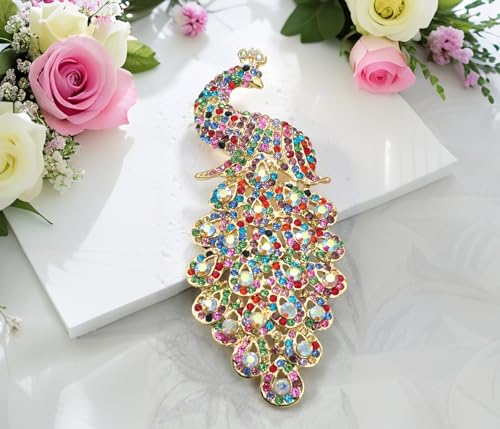 Image of Gyn&Joy 5 Inch Art Gorgeous Peacock Austrian Crystal Rhinestone Brooch Pins