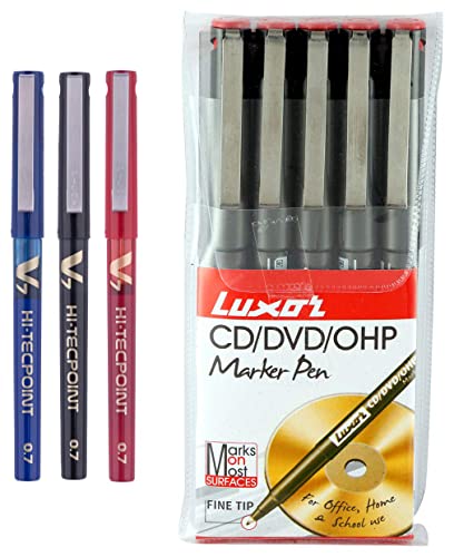 Image of Pilot V7 Liquid Ink Roller Ball Pen (1 Blue + 1 Black + 1 Red),multicoloured,9000014717 & Luxor 969 OHP Fine Point Permanent Marker - Red - Set of 5