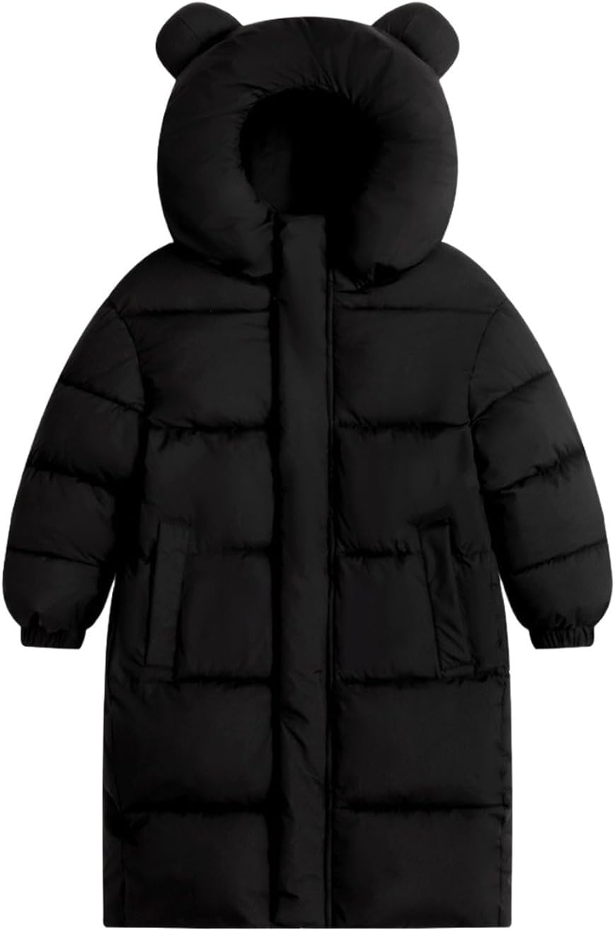 Girls Boys Warm Long Puffer Jackets Cute Hooded Heavyweight Coats Winter Zipper Windproof Outerwear Snow Down Coat