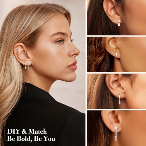 Kenivira Sterling Silver Plated Earrings Set for Women Trendy,Pearl Stud Huggie Dangle Chain Earring Stacks Hypoallergenic, Cute Small CZ Hoop Earring Sets for Multiple Piercing - image 3