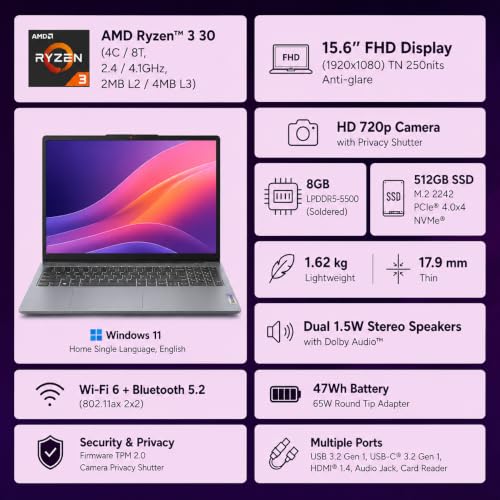 Image of Lenovo IdeaPad Slim 3 Ryzen 3 30 15.6 inch (39.6cm) FHD Thin and Light Laptop (8GB RAM /512GB SSD /AMD Radeon 610M Graphics /Windows 11 /Office 2024 /Grey /1.6Kg), 82XQ01VYIN