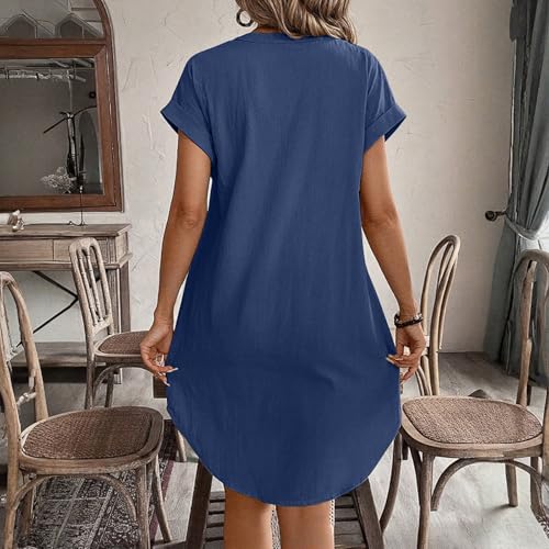 Womens Short Sleeve Midi Linen Dresses,Summer Fall Trendy V Neck Linen Button Down Slim Fit Plain Knee Length Dress3