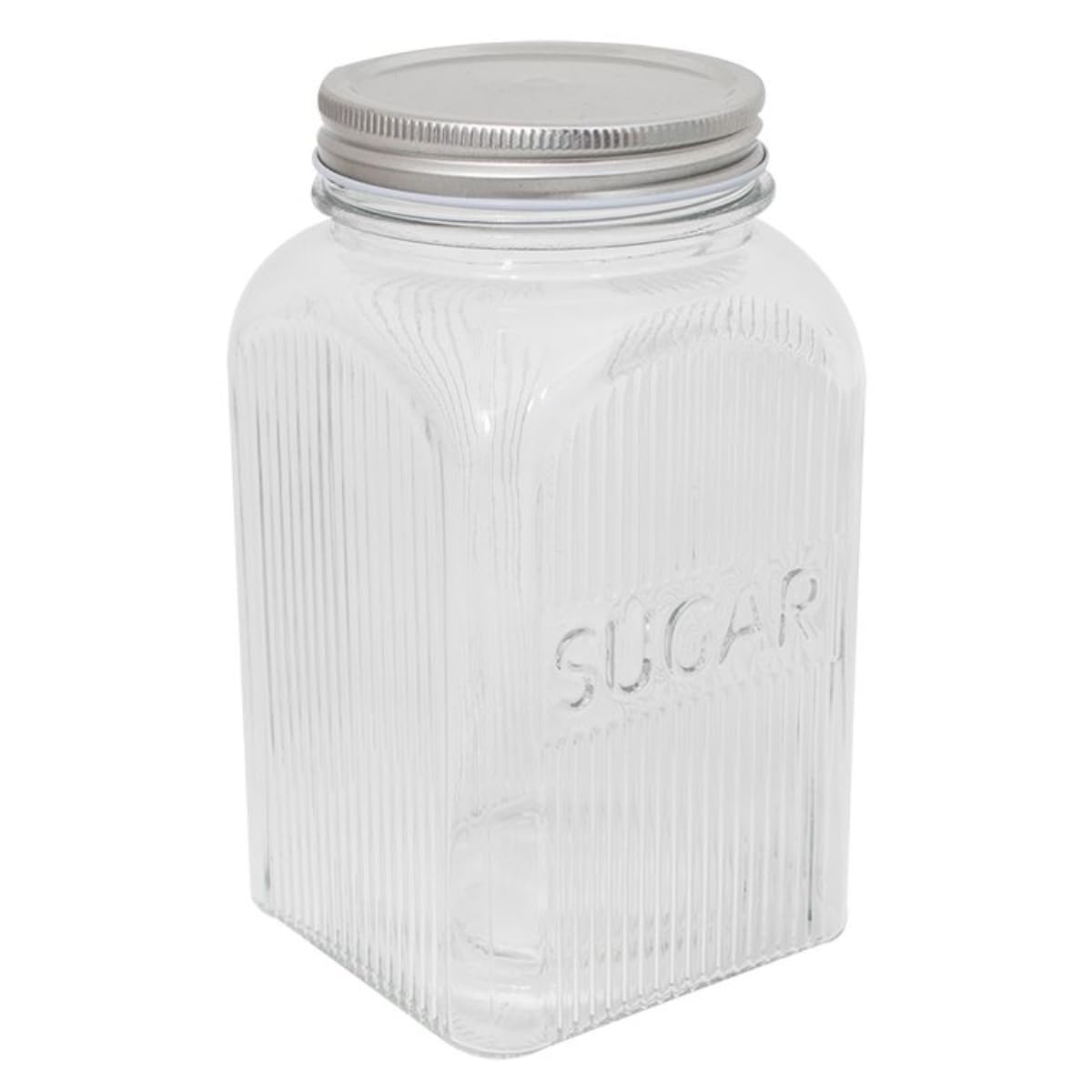 YöL Sugar Square Ribbed Glass Storage Jars with Silver Lid 1300ml Kitchen Canisters with Embossed Lettering for Hot Drinks and Dry Food Storage Organisation