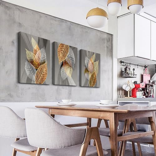 DZRWUBHS Abstract Leaves Wall Paintings - Artwork Inspiration for Living Room, Bedroom, Kitchen & Office - 3 Piece Canvas Wall Art