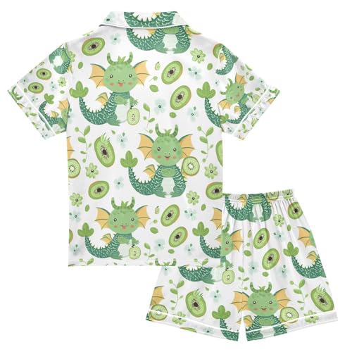 senya Cute Kiwi Dinosaurs Satin Summer Pajama Sets Silk Short Sleeve Button Down Sleepwear2