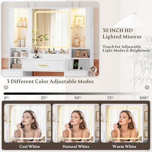 Image of HUANLEGO Makeup Vanity Desk with Mirror and LED Lights for Girls, White | Farmhouse Dressing Table Set for Women, LED Glass Cabinet, 7 Drawers, Power Outlet, Hair Dryer, 3 Lighting Modes