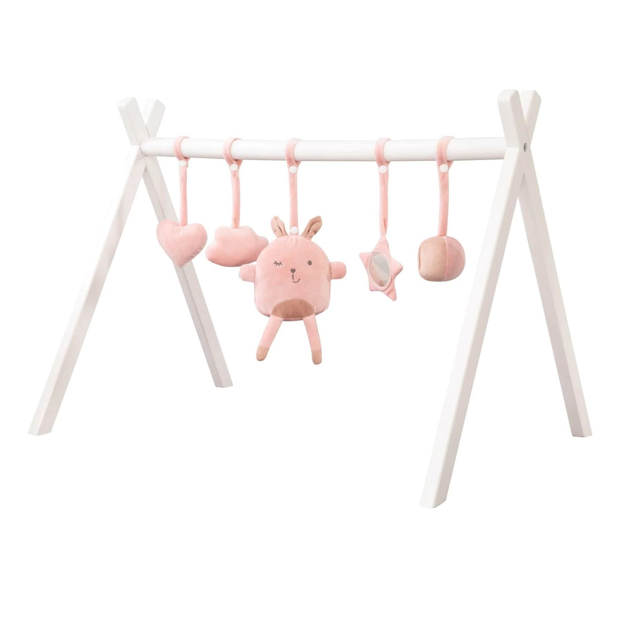 roba drewniany pałąk do zabawy dla niemowląt - baby gym i zabawka Montessori z zawieszką roba Style - centrum aktywności i stojak do zabawy od 3 miesięcy - różowy