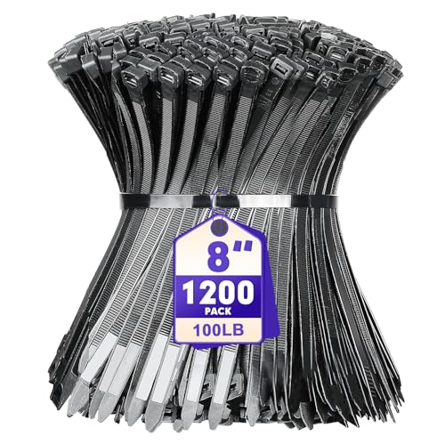 Zip Ties, Razcc 1200Pcs Black Cable Zip Ties 8 Inch, Heavy Duty Plastic Wire Ties With 100Lb Tensile Strength, Self-Locking Black Nylon Tie Wraps For Indoor And Outdoor