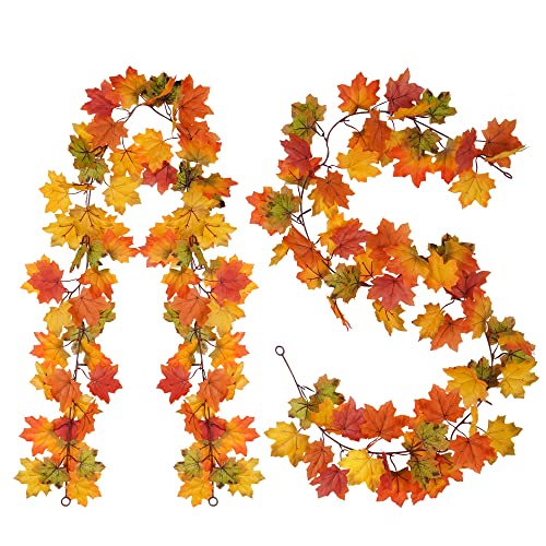 Bemece 2 Pack (5.67 Ft/Pcs) Artificial Maple Leaf Garland Hanging Fall Fake Leave Vines For Indoor Outdoor Party Wedding Home Garden Wall Doorway Fireplace Christmas Decor #TOP17