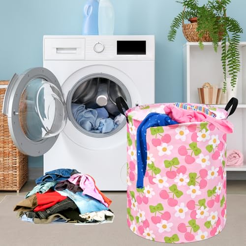 Image of Kids Laundry Hamper Clothes Gift Basket Storage Laundry Baskets Organizer Bin with Handles for Nursery Room (Pink Cherry)
