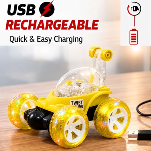 Image of Rechargeable 360 Stunt Remote Control Car for Kids with LED Lights, USB Charging, Anti-Skid Rubber Tires, 4WD RC Toy Car Indoor Outdoor Toy Gift for Boys Girls Age 3 4 5 6 7+ Years 9802Yellow