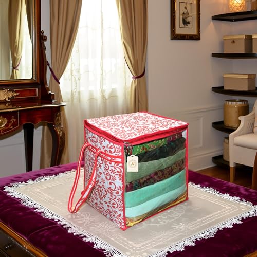 Image of Saree Storage Bag | Premium Wardrobe Cloth Organizer Box | Large Garment Cover with Polka Dot Design | Durable Fabric, Transparent Window | Pack Of 1 AWPM11684