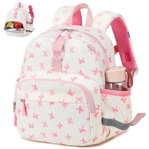 LOIDOU Mochila infantil para meninas, mini mochila pré-escolar para crianças de 2 a 4 anos, mochila de viagem pequena bolsa de fraldas para creche, Laço rosa bege 6, 12'-not Fit A4 Folder, Mochila
