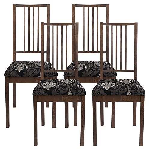 Image of SearchI Seat Covers for Dining Room Chairs Stretch Printed Chair Seat Covers Set of 4, Removable Washable Upholstered Chair Seat Protector Cushion Slipcovers for Kitchen, Office(Black /Brown)
